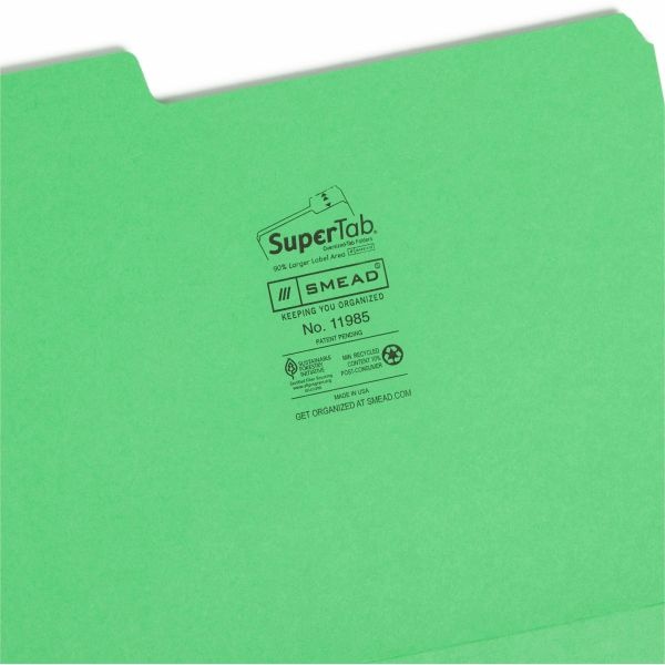 Smead Supertab Colored File Folders, 1/3-Cut Tabs: Assorted, Letter Size, 0.75" Expansion, 11-Pt Stock, Green, 100/Box