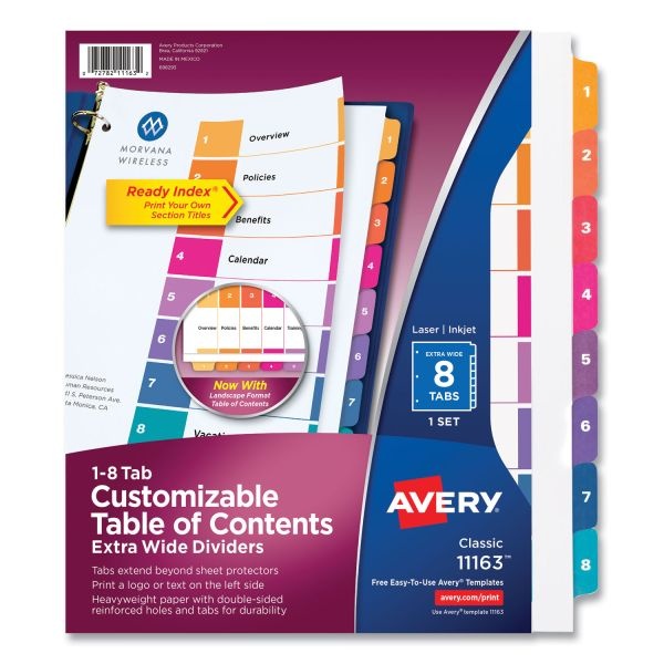 Avery Customizable Toc Ready Index Multicolor Tab Dividers, Extra Wide Tabs, 8-Tab, 1 To 8, 11 X 9.25, White, 1 Set