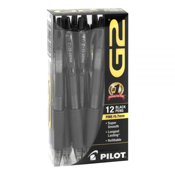 Pilot G-2 Retractable Gel Ink Pens, Fine Point, 0.7 Mm, Black Barrel, Black Ink, Pack Of 12 Pens