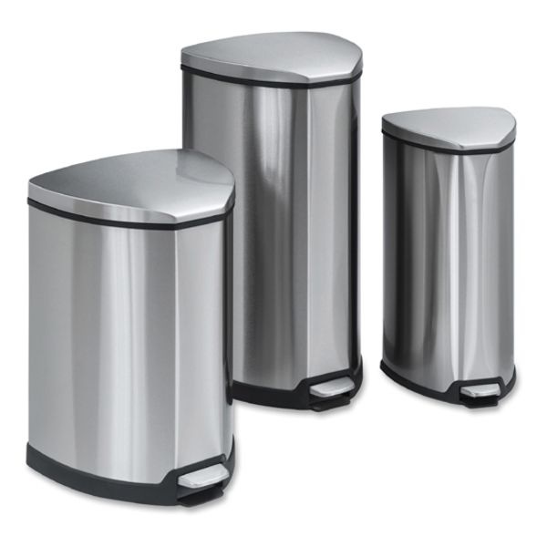 Safco Step-On Waste Receptacle, Triangular, Stainless Steel, 4Gal, Chrome/Black