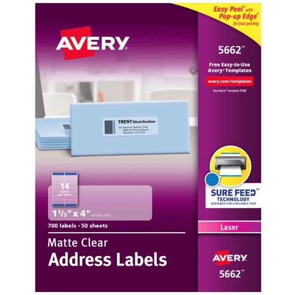 Avery Matte Address Labels With Sure Feed Technology, 5662, Rectangle, 1-1/3" X 4", Clear, Pack Of 700 Labels