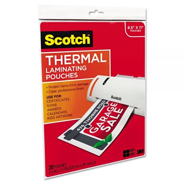 Scotch Laminating Pouches, 3 Mil, 9" X 11.5", Gloss Clear, 20/Pack