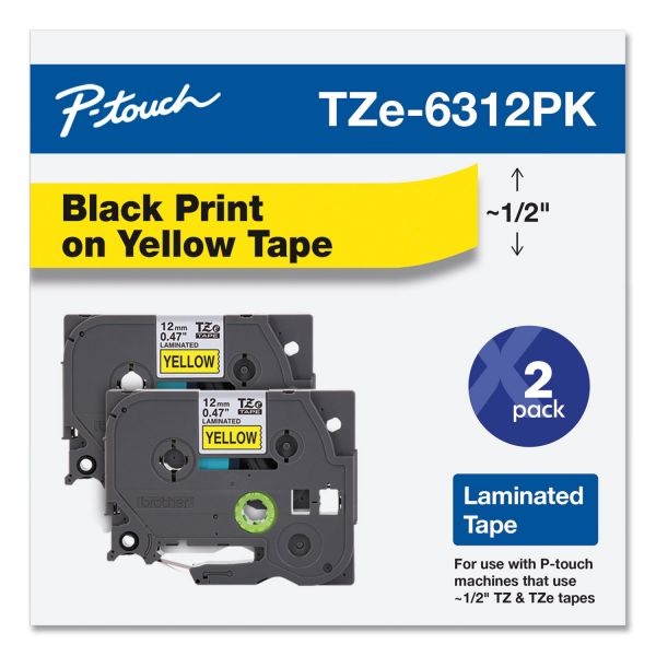 Brother P-Touch Tze Standard Adhesive Laminated Labeling Tape, 0.47" X 26.2 Ft, Black On Yellow, 2/Pack