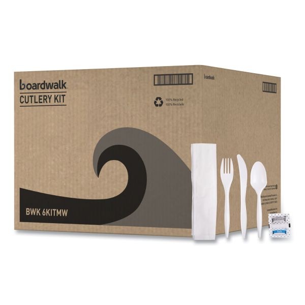 Boardwalk Cutlery Kit, Plastic Fork/Spoon/Knife/Salt/Polypropylene/Napkin, White, 250/Carton