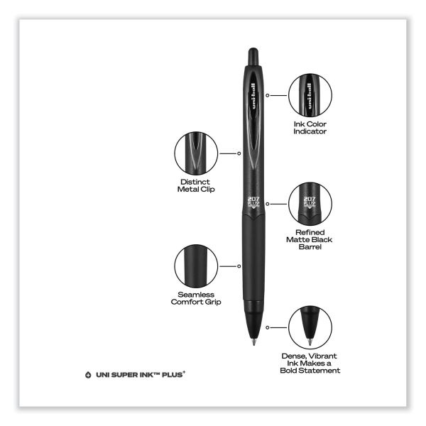 Uniball 207 Plus+ Gel Pen, Retractable, Medium 0.7 Mm, Black Ink, Black Barrel, 4/Pack