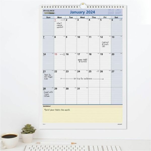 At-A-Glance Quicknotes Wall Calendar, 12 X 17, White/Blue/Yellow Sheets, 12-Month (Jan To Dec): 2024