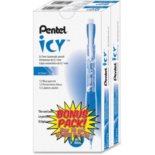 Pentel Icy Multipurpose Automatic Pencils, 0.7 Mm, Transparent Blue Barrels, Pack Of 24