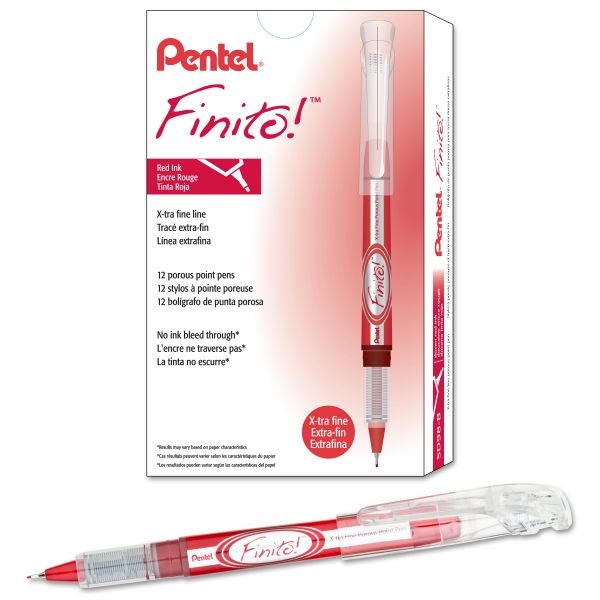 Pentel Finito! Porous Point Pen, Stick, Extra-Fine 0.4 Mm, Red Ink, Red/Silver/Clear Barrel