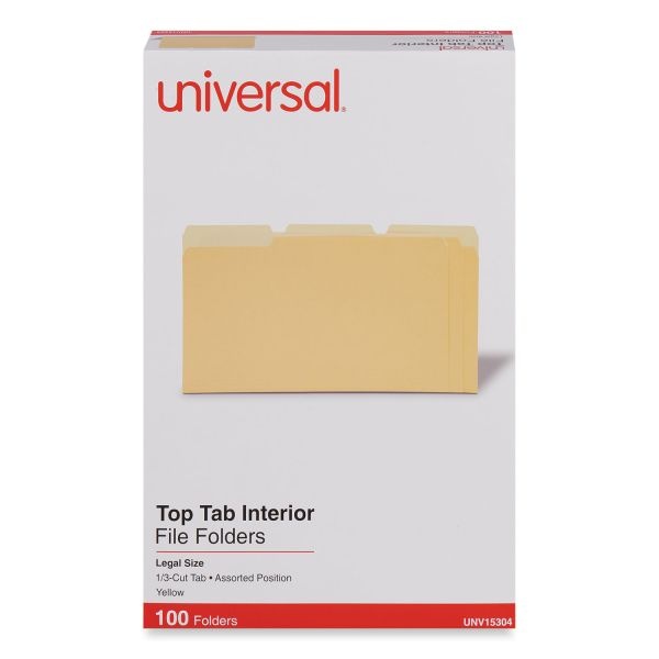 Universal Interior File Folders, 1/3-Cut Tabs: Assorted, Legal Size, 11-Pt Stock, Yellow, 100/Box