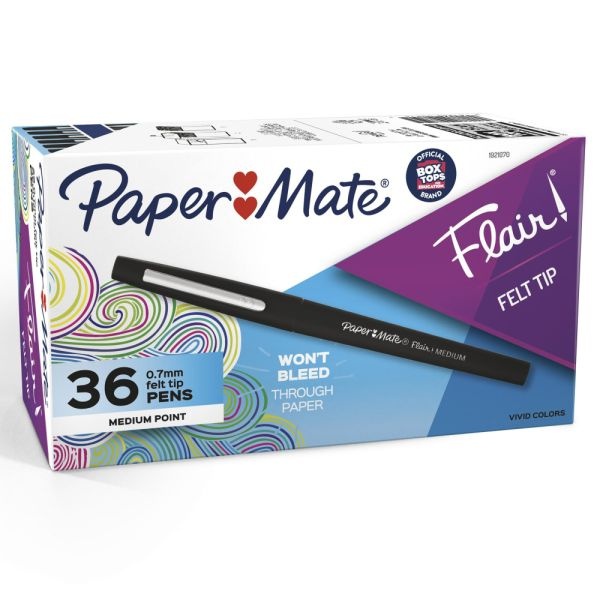 Paper Mate Flair Porous-Point Pens, Medium Point, 0.7 Mm, Black Barrel, Black Ink, Pack Of 36 Pens