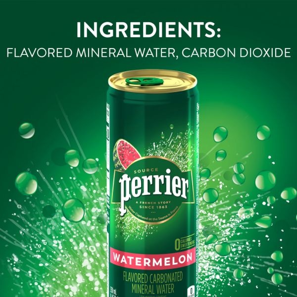 Perrier Sparkling Mineral Water, Watermelon, 8.45 Oz, Pack Of 10 Cans