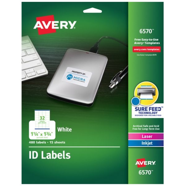 Avery Permanent Id Labels With Sure Feed Technology, 6570, Rectangle, 1-1/4" X 1-3/4", White, Pack Of 480 Labels