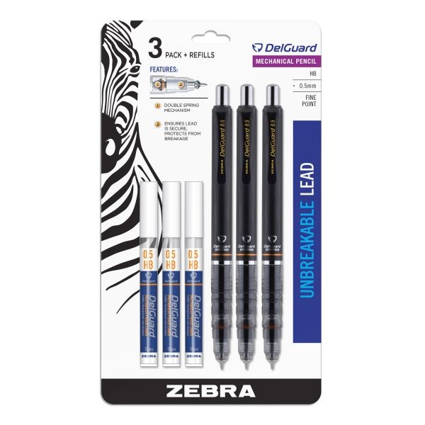 Zebra Delguard Mechanical Pencil, 0.5 Mm, Hb (#2), Black Lead, Black Barrel, 3/Pack