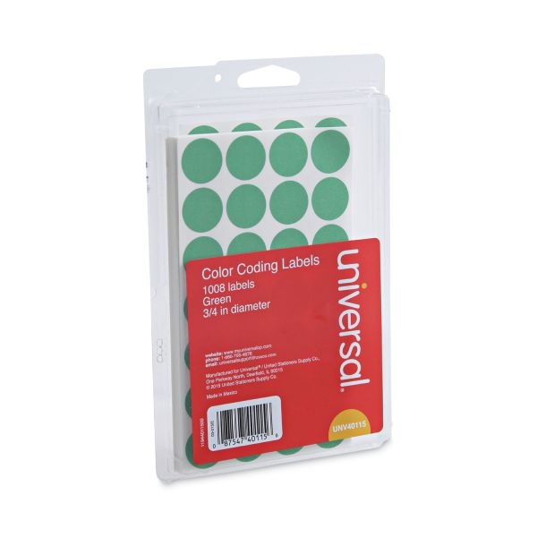 Universal Self-Adhesive Removable Color-Coding Labels, 0.75" Dia, Green, 28/Sheet, 36 Sheets/Pack