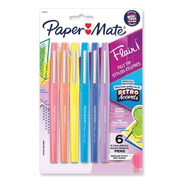 Paper Mate Flair Felt Tip Porous Point Pen, Stick, Medium 0.7 Mm, Assorted Ink And Barrel Colors With Retro Accents, 6/Pack