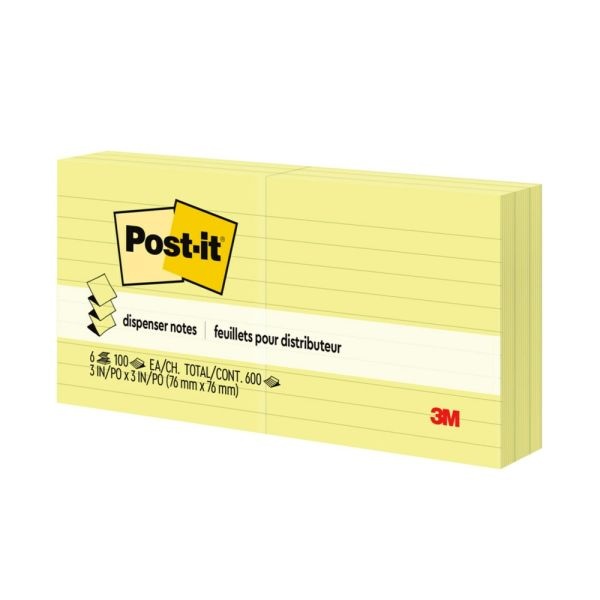 Post-It Pop Up Notes, 3 In X 3 In, 6 Pads, 100 Sheets/Pad, Clean Removal, Canary Yellow, Lined
