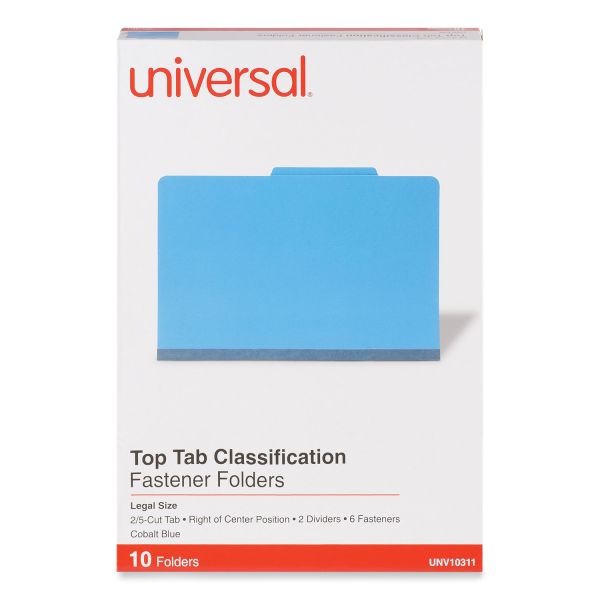 Universal Bright Colored Pressboard Classification Folders, 2" Expansion, 2 Dividers, 6 Fasteners, Legal Size, Cobalt Blue, 10/Box