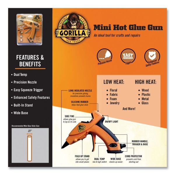 Gorilla Dual Temp Mini Hot Glue Gun, Orange/Black