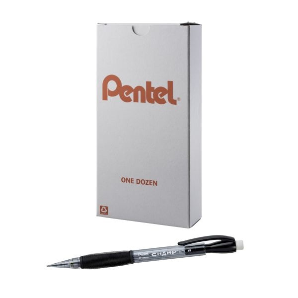 Pentel Champ Mechanical Pencil, 0.9 Mm, Hb (#2), Black Lead, Clear/Black Barrel, Dozen