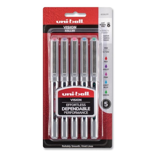 Uniball Vision Roller Ball Pen, Stick, Fine 0.7 Mm, Assorted Ink And Barrel Colors, 5/Pack