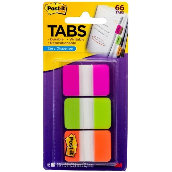Post-It Tabs 1" Plain Solid Color Tabs, 1/5-Cut, Assorted Bright Colors, 1" Wide, 66/Pack