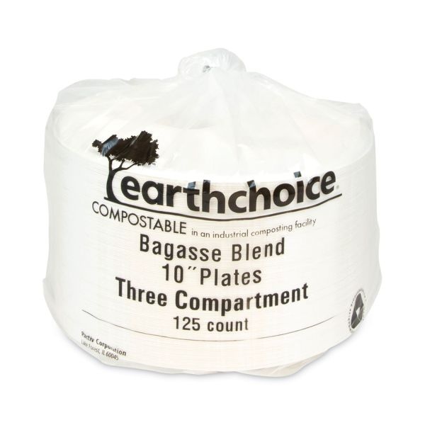 Pactiv Evergreen Earthchoice Fiber-Blend Bagasse Dinnerware, 3-Compartment Plate, 10" Dia, Natural, 500/Carton