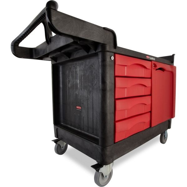 Rubbermaid Commercial Trademaster Cart With One Door, Plastic, 3 Shelves, 4 Drawers, 750 Lb Capacity, 26.25" X 49" X 38", Black