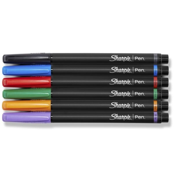 Sharpie Pens, Fine Point, 0.4 Mm, Black Barrels, Assorted Ink Colors, Pack Of 6