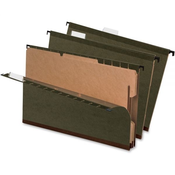 Pendaflex Surehook Reinforced Hanging Divider Folders, 2" Expansion, 2 Dividers, 4 Fasteners, Legal Size, Green Exterior, 10/Box