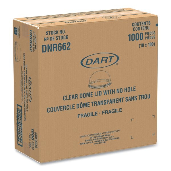 Dart Plastic Dome Lid, No-Hole, Fits 9 Oz To 22 Oz Cups, Clear, 100/Sleeve, 10 Sleeves/Carton