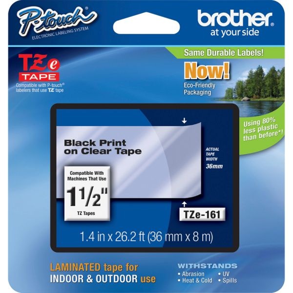 Brother P-Touch Tze Standard Adhesive Laminated Labeling Tape, 1.4" X 26.2 Ft, Black On Clear