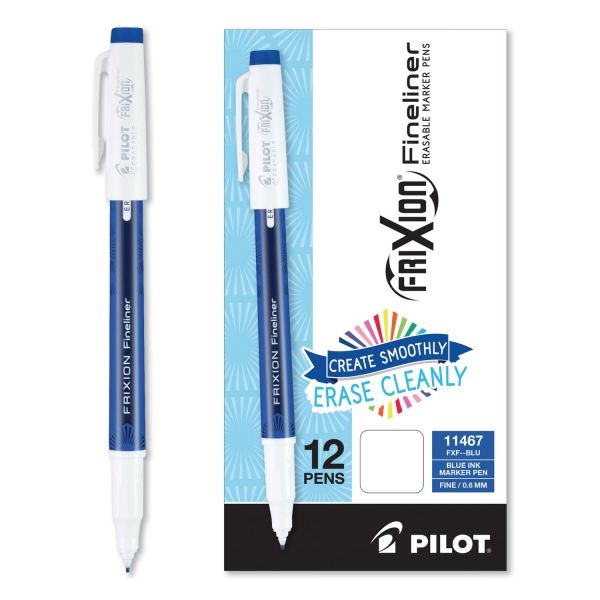 Pilot Frixion Fineliner Erasable Porous Point Pen, Stick, Fine 0.6 Mm, Blue Ink, Blue/White Barrel, Dozen