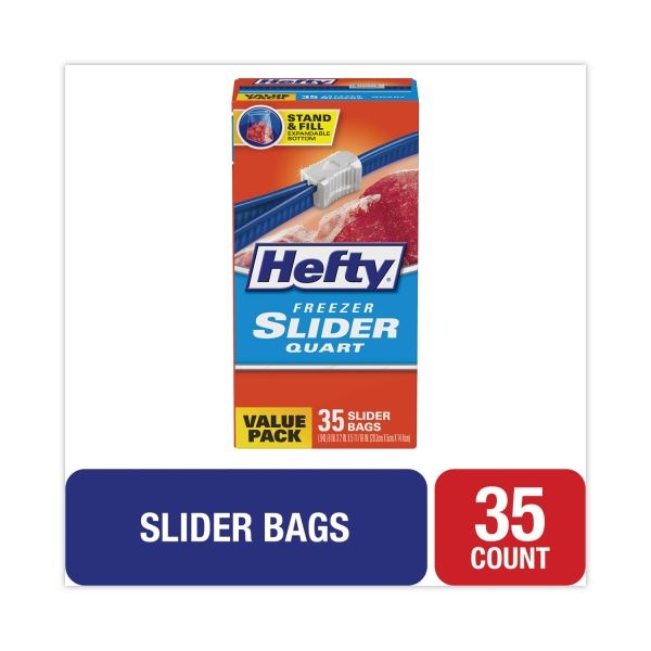 Hefty Slider Bags, 1 Qt, 2.5 Mil, 7" X 8", Clear, 35/Box