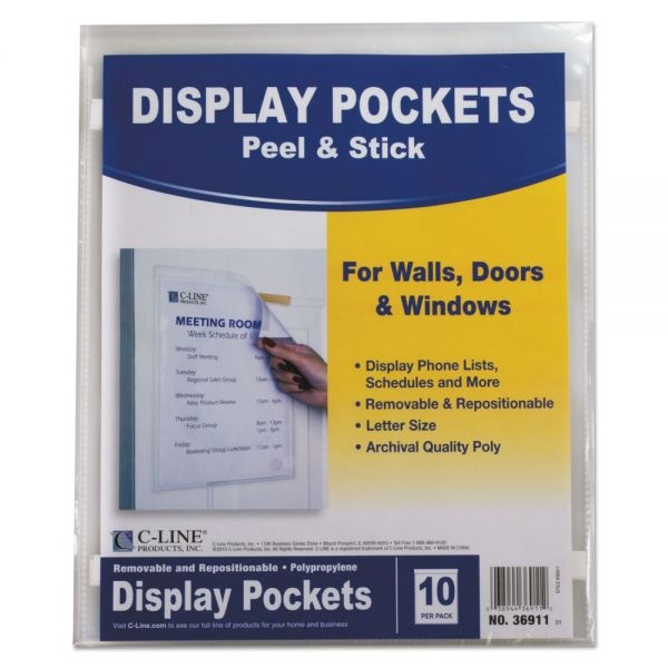 C-Line Peel/Stick Pockets With Antimicrobial Protection, Letter Size, Clear, Pack Of 10