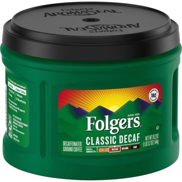 Folgers Coffee, Classic Roast Decaffeinated, Medium Roast, Ground, 22 3/5Oz Can (Makes About 180 Cups)
