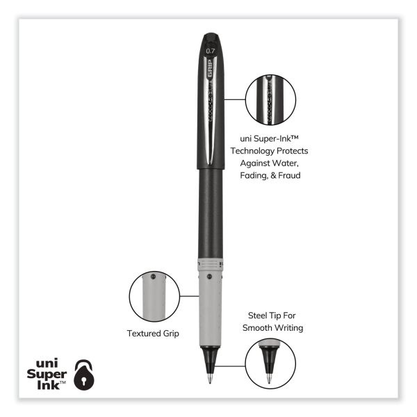 Uniball Grip Roller Ball Pen, Stick, Fine 0.7 Mm, Black Ink, Black Barrel, Dozen