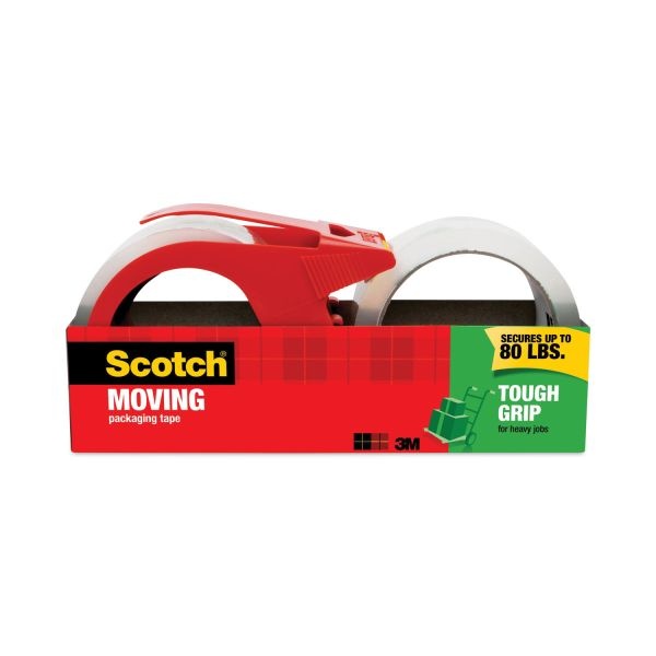 Scotch Tough Grip Moving Packaging Tape With Dispenser, 3" Core, 1.88" X 38.2 Yds, Clear, 2/Pack