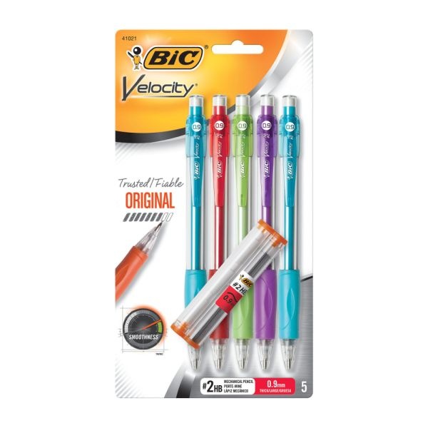 Bic Velocity Mechanical Pencils, 0.9Mm, Assorted Barrel Colors, Pack Of 5
