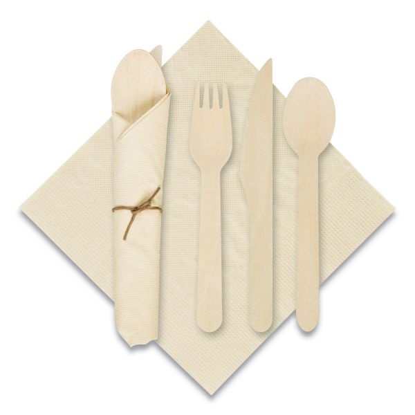 Hoffmaster Pre-Rolled Caterwrap Kraft Napkins With Wood Cutlery, 6 X 12 Napkin;Fork;Knife;Spoon, 7" To 9", Kraft, 100/Carton