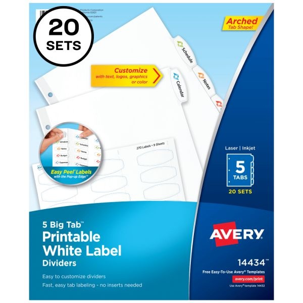 Avery Big Tab Printable Label Dividers With Easy Peel, 8-1/2" X 11", 5 Tab, White, Pack Of 20 Sets