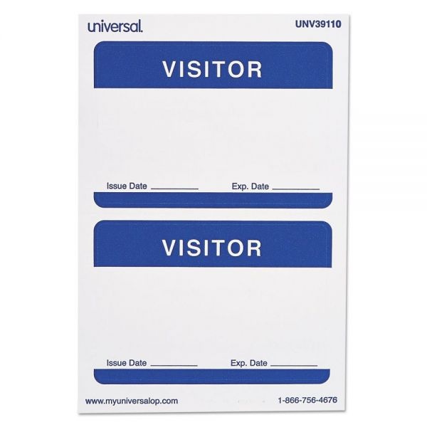 Universal "Visitor" Self-Adhesive Name Badges, 3 1/2 X 2 1/4, White/Blue, 100/Pack