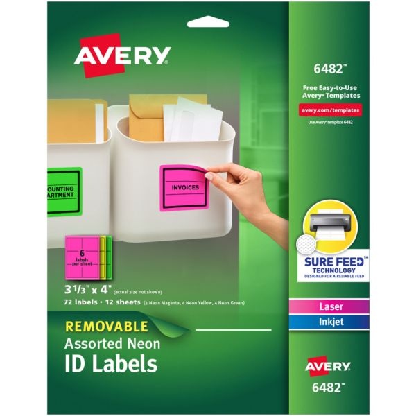 Avery Removable Laser/Inkjet Organization Labels 3 1/3" X 4", Assorted Colors, Pack Of 72