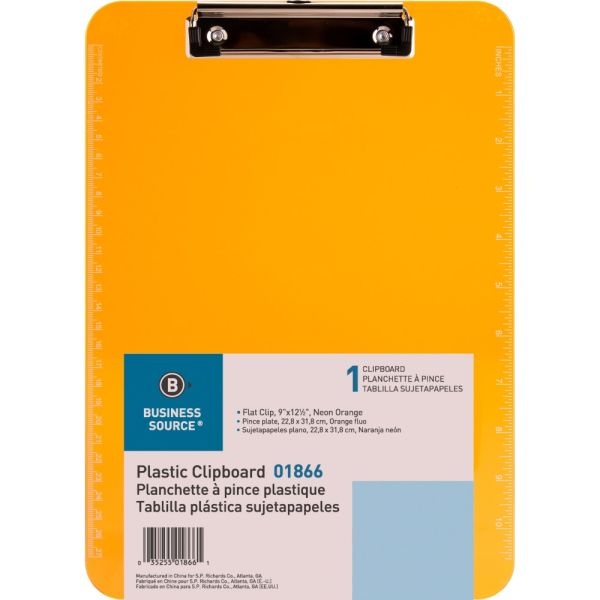 Sparco Plastic Clipboard With Flat Clip, 8 1/2" X 11", Neon Orange