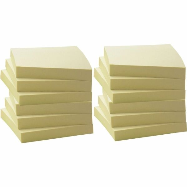 Business Source Yellow Adhesive Notes - 3" X 3" - Square - 100 Sheets Per Pad - Unruled - Yellow - Self-Adhesive, Removable - 12 / Pack - Recycled