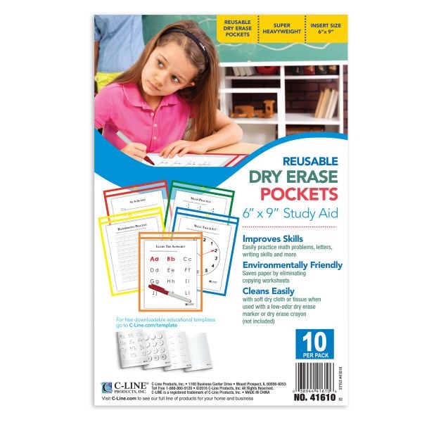 C-Line Reusable Dry Erase Pockets, 6 X 9, Assorted Primary Colors, 10/Pack