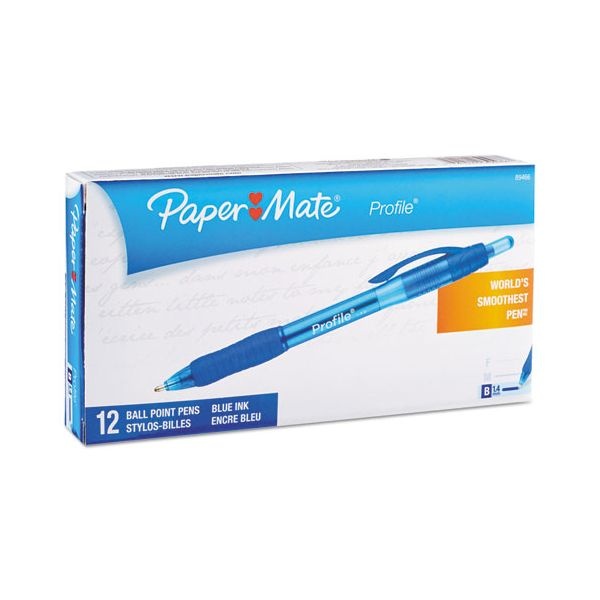 Paper Mate Profile Ballpoint Pen, Retractable, Bold 1.4 Mm, Blue Ink, Blue Barrel, Dozen