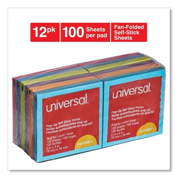 Universal Fan-Folded Self-Stick Pop-Up Note Pads, 3" X 3", Assorted Bright Colors, 100 Sheets/Pad, 12 Pads/Pack