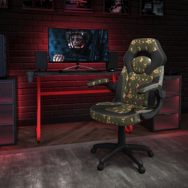 Optis Red Gaming Desk And Camouflage/Black Racing Chair Set With Cup Holder And Headphone Hook