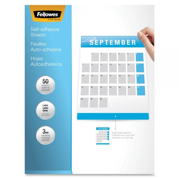 Fellowes Self-Adhesive Laminating Sheets, 3 Mil, 9.25" X 12", Gloss Clear, 50/Box