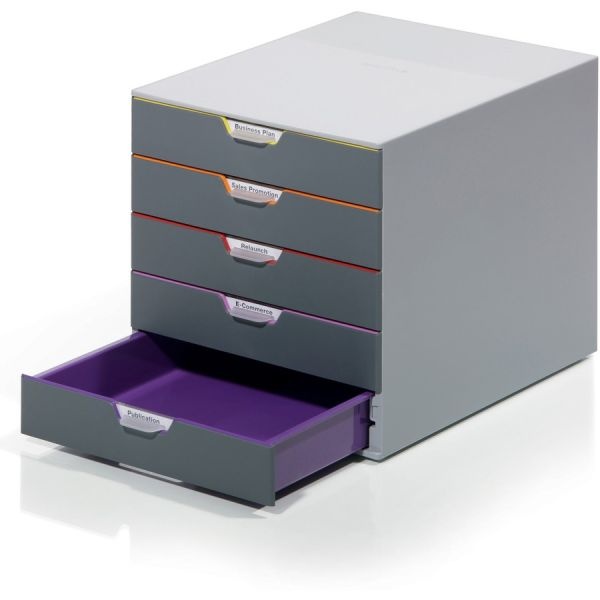 Durable Varicolor Stackable Plastic Drawer Box, 5 Drawers, Letter To Folio Size Files, 11.5" X 14" X 11", Gray